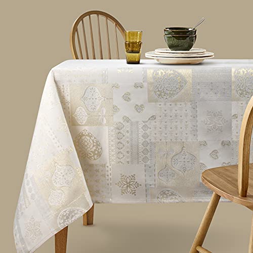 Viste tu hogar Tischdecke Weihnachten Goldfaden, speziell für Weihnachtsdekoration und Familientreffen usw., modernes und Elegantes Design, Beige Herz, 140x140cm von Viste tu hogar