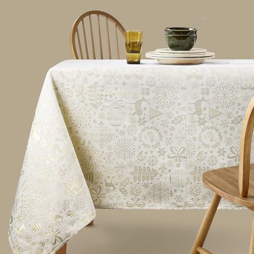 Viste tu hogar Tischdecke Weihnachten Goldfaden, speziell für Weihnachtsdekoration und Familientreffen usw., modernes und Elegantes Design, Beige Weihnachten, 140x140cm von Viste tu hogar