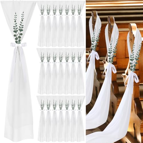 VitalCozy 48 Set Hochzeit Gang Dekorationen für Hochzeitszeremonie Chiffon Stuhl Schärpen mit Bändern und künstlichem Eukalyptus Stiel Dekor für Hochzeit Kirche Stuhl Gang Weihnachtsdekorationen von VitalCozy