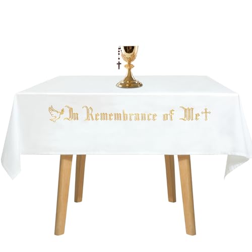 VitalCozy Große Tischdecke für die Heilige Kommunion, Altar Frontal, 224 x 132 cm, weiß, rechteckig, Kommunion-Tischdecken für Kirche mit goldfarbener Stickerei für Versammlungen, Taufzeremonien von VitalCozy