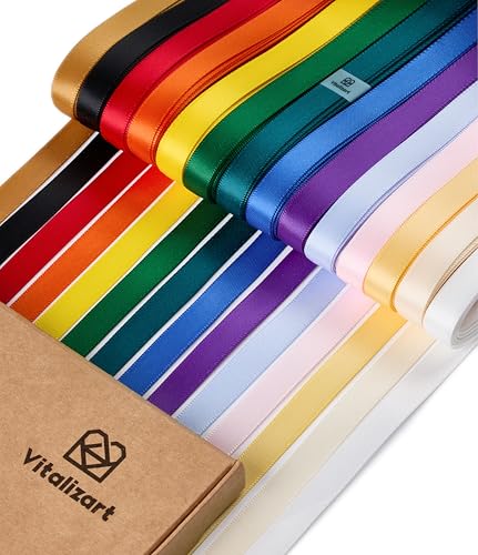 Vitalizart 0,95cm x 64 m Satinband 14 Dunkle Farben, Doppelseitige Geschenkband für Geschenkverpackungen & Basteln, Seidiges Bänder für Blumenstrauß & Dekoration, Dünnes Satinband mit Aufbewahrungsbox von Vitalizart