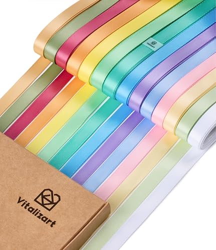 Vitalizart 0,95cm x 64 m Satinband 14 Helle Farben, Doppelseitige Geschenkband für Geschenkverpackungen & Basteln, Seidiges Bänder für Blumenstrauß & Dekoration, Dünnes Satinband mit Aufbewahrungsbox von Vitalizart