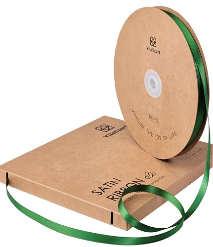 Vitalizart 0,95cm x 91 m Grünes Satinband, Doppelseitige Geschenkband für Geschenkverpackungen & Basteln, Seidiges Bänder für Blumenstrauß & Dekoration, Dünnes Satinband mit Aufbewahrungsbox von Vitalizart