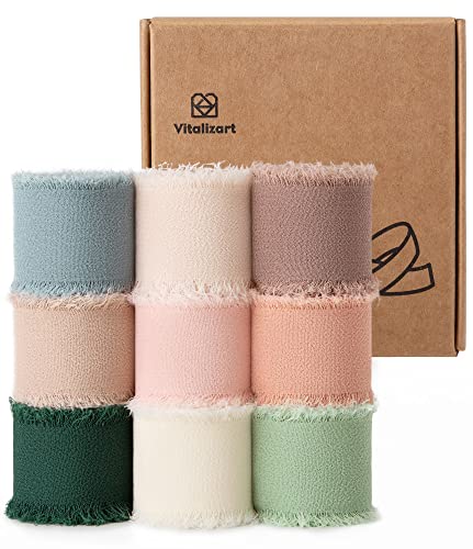 Vitalizart Schleifenband 9 Farbe 2,5 cm x 24,6 m, Geschenkband Chiffonband Fransenstoffband, Bänder-Set für Hochzeitseinladung, Brautstrauß, Dekoration, Geschenkverpackung, Schleifenherstellung von Vitalizart