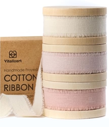 Vitalizart Baumwollband 1,6 cm x 19,2 m (3 Rollen*6,4 m) Rosa & Creme, Handgefertigte Fransen Naturstoff Bänder für Hochzeit Einladungen Brautsträuße Geschenkverpackung Urlaub Dekoration von Vitalizart