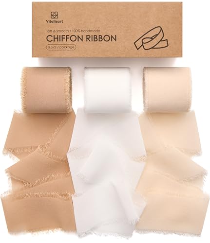 Vitalizart Chiffonband Kamel & Weiß & Beige 3,8 cm x 19,2 m, Geschenkband Breit Schleifenband, Dekoband zum Basteln, Fransenband für Hochzeitseinladungen, Brautsträuße, Geschenke Verpackungen von Vitalizart