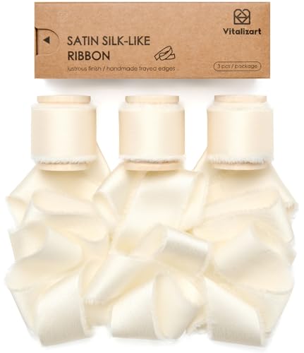 Vitalizart Elfenbein Satin Seidenband 2,5 cm x 13,7 m Hölzerne Spule, Creme Weiß Handgemachtes Ausgefranstes Band für Geschenk Verpacken Baby Dusche Hochzeit Brautsträuße Urlaub Dekor von Vitalizart