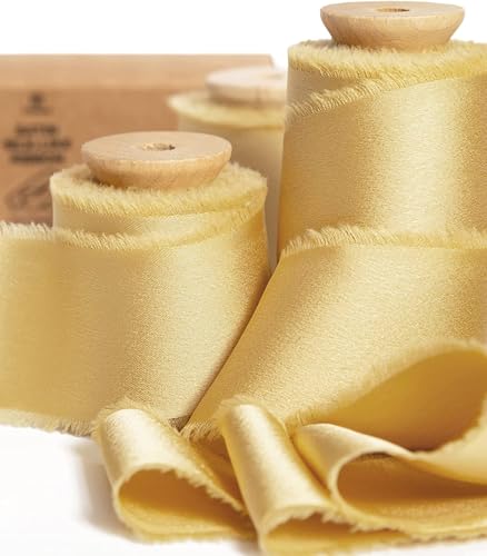 Vitalizart Gold Satin Seidenband, Geschenkband 3,8 cm x 13,7 m mit Holzspule, Handgefertigte Stoffband für Geschenkverpackungen, Festliche Dekorationen, DIY-Basteleien, Hochzeitssträuße von Vitalizart