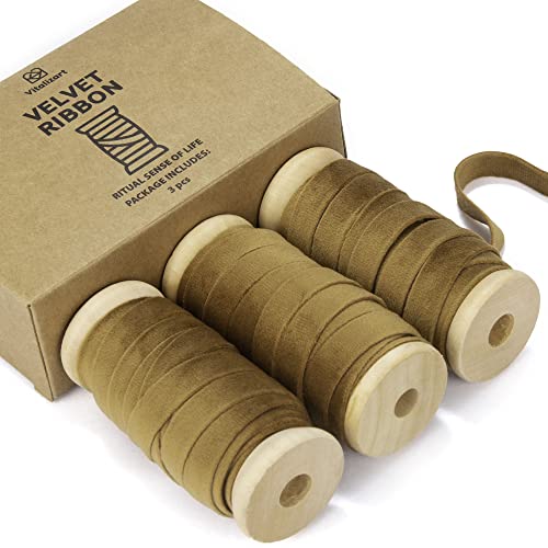 Vitalizart Khaki Samtband Set 0,95 cm x 13,7 m mit Hölzernen Spule, Stoffband 3 Rollen*4,57 m für Weihnachten Kranz Dekoration Handgemachte Handwerk Ornamente & Geschenkverpackungen von Vitalizart