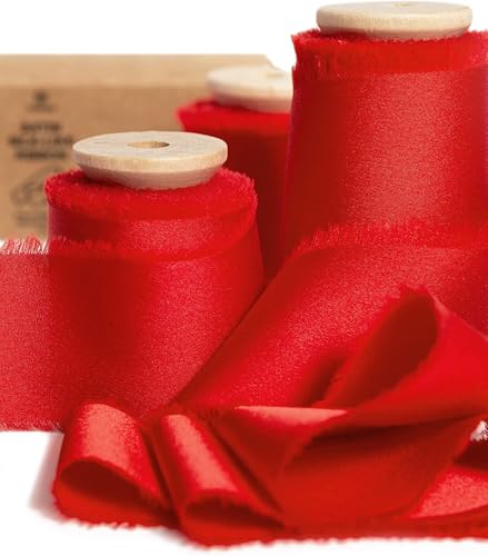 Vitalizart Rotes Satin Seidenband, Geschenkband 3,8 cm x 13,7 m mit Holzspule, Handgefertigte Stoffband für Geschenkverpackungen, Festliche Dekorationen, DIY-Basteleien, Hochzeitssträuße von Vitalizart