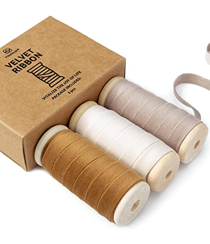 Vitalizart Samtband Set Khaki & Elfenbein & Nackt 0,95 cm x 4,57 m x 3 Rollen mit Hölzernen Spule, Stoffband für Weihnachten Kranz Dekoration Handgemachte Handwerk Ornamente & Geschenkverpackungen von Vitalizart