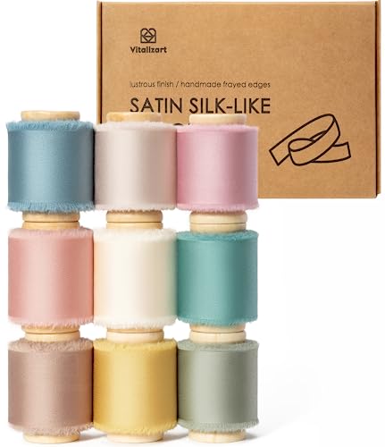 Vitalizart Satin Seidenband 9 Farben, Geschenkband 3,8 cm x 41,1 m mit Holzspule, Handgefertigte Stoffband für Geschenkverpackungen, Festliche Dekorationen, DIY-Basteleien, Hochzeitssträuße von Vitalizart