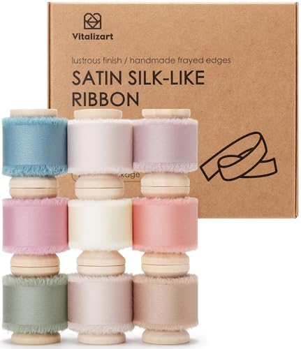 Vitalizart Satin Seidenband 9 Farben 2,5 cm x 41,1 m Hölzerne Spule, Handgefertigtes Ausgefranstes Geschenkband für Geschenk Verpacken Hochzeit Brautsträuße Urlaub Dekor von Vitalizart