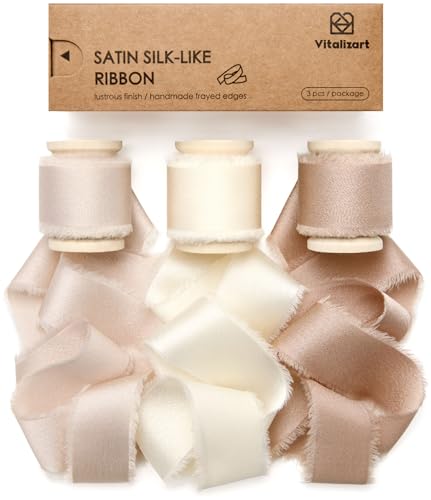 Vitalizart Satin Seidenband Champagner & Creme & Nude 2,5 cm x 13,7 m Hölzerne Spule, Handgefertigtes Ausgefranstes Geschenkband für Geschenk Verpacken Hochzeit Brautsträuße Urlaub Dekor von Vitalizart