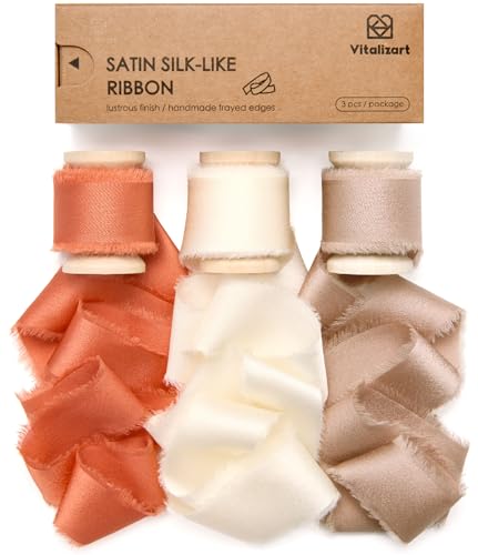 Vitalizart Satin Seidenband Creme & Champagner & Terrakotta 2,5 cm x 13,7 m Hölzerne Spule, Handgefertigtes Ausgefranstes Geschenkband für Geschenk Verpacken Hochzeit Brautsträuße Urlaub Dekor von Vitalizart