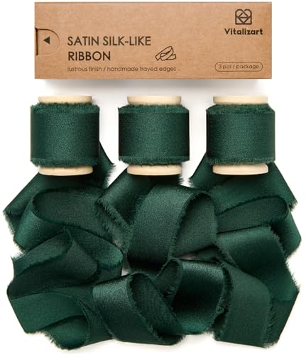 Vitalizart Satin Seidenband Dunkelgrün 2,5 cm x 13,7 m Hölzerne Spule, Handgefertigtes Ausgefranstes Geschenkband für Geschenk Verpacken Hochzeit Brautsträuße Urlaub Dekor von Vitalizart