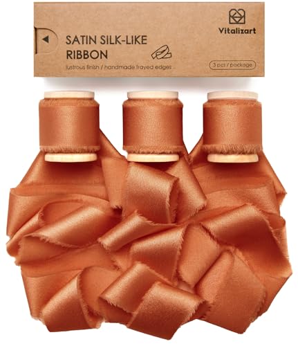 Vitalizart Satin Seidenband Terrakotta 2,5 cm x 13,7 m Hölzerne Spule, Handgefertigtes Ausgefranstes Geschenkband für Geschenk Verpacken Hochzeit Brautsträuße Urlaub Dekor von Vitalizart