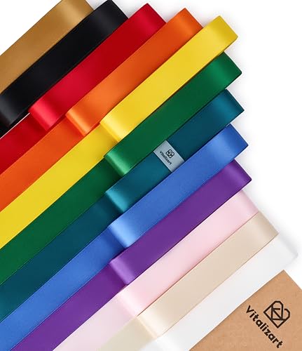 Vitalizart Satinband 2,5cm*32,9m Gemischt 12 Dunkel Farben für Geschenkverpackungen, Doppelseitiges Polyester Geschenkband, Dicke Stoffbänder für Bastelarbeiten, Dekorationen & Weihnachtskränze von Vitalizart