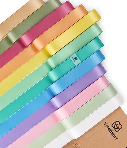 Vitalizart Satinband 2,5cm*32,9m Gemischt 12 Helle Farben für Geschenkverpackungen, Doppelseitiges Polyester Geschenkband, Dicke Stoffbänder für Bastelarbeiten, Dekorationen & Weihnachtskränze von Vitalizart