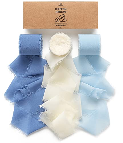 Vitalizart Schleifenband Weiß & Blau, 3,8 cm x 19,2 m Geschenkband Breit Hochzeit Chiffonband Stoffband, Bänder-Set für Hochzeitseinladungen, Brautsträuße, Geschenke, Verpackungen, DIY-Kunsthandwerk von Vitalizart