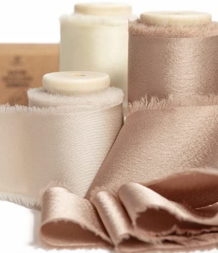 Vitalizart Satin Seidenband Champagner & Beige & Creme, Geschenkband 3,8 cm x 13,7 m mit Holzspule, Stoffband für Geschenkverpackungen, Festliche Dekorationen, DIY-Basteleien, Hochzeitssträuße von Vitalizart