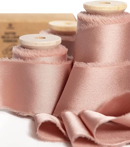 Vitalizart Satin Seidenband Roségold, Geschenkband 3,8 cm x 13,7 m mit Holzspule, Handgefertigte Stoffband für Geschenkverpackungen, Festliche Dekorationen, DIY-Basteleien, Hochzeitssträuße von Vitalizart