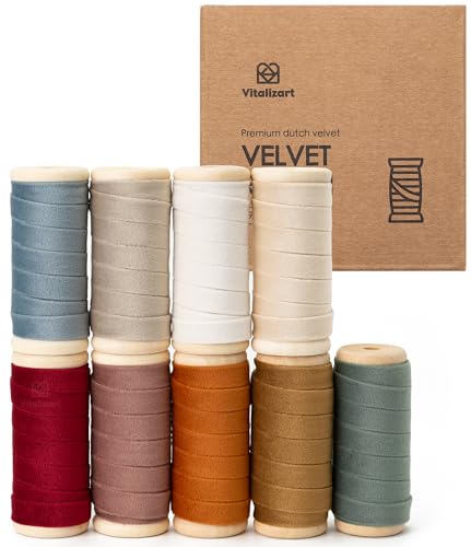 Vitalizart Velvet Ribbon Set 0,95 cm x 4,57 m x 9 Rollen Mix Farben, Holzspule, Stoffband für Weihnachten Kranz Dekoration, handgefertigte Handwerk, Ornamente, Geschenkverpackungen & Schleife machen von Vitalizart