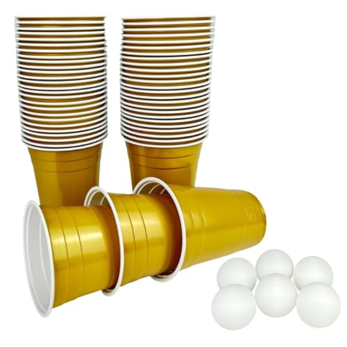 Plastikbecher in Gold mit 6 Bällen - goldenes Partybecher Set - 50 Premium Trinkbecher (473 ml) in Gold + 6 Ping Pong Bälle von Vitavalley