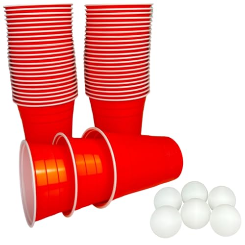 Plastikbecher in orange mit 6 Bällen - Oranges Partybecher Set - 50 Premium Trinkbecher (473 ml) in orange + 6 Ping Pong Bälle von Vitavalley