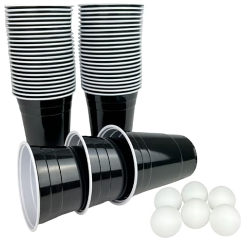 Plastikbecher in schwarz mit 6 Bällen - schwarzes Partybecher Set - 50 Premium Trinkbecher (473 ml) in schwarz + 6 Ping Pong Bälle von Vitavalley