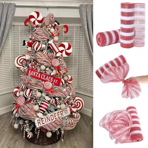 2 Rollen Deko Netzband, 26cm x 9,14m Weihnachten Dekoband Halloween Deko Netzrollen für Weihnachten Halloween Party Dekorationen DIY Handwerk (Rot-Weiß) von Viusneun