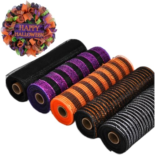 5 Rollen Halloween Netzband, 26cm × 9m Dekorative Netzbandrollen Halloween Haustürkranz Halloween Netzstoff für Party Dekorationen DIY Handwerk von Viusneun