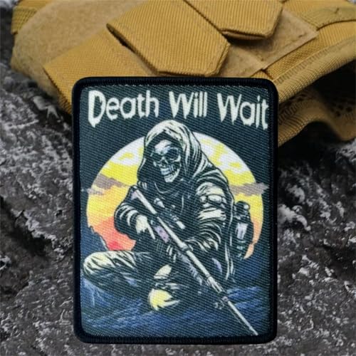 "Death Will Wait" Klett Patch Schädel Soldat Patches Klett Drucken Taktische Moral Militär Abzeichen Patches Für Taktische Kleidung Rucksack Baseballkappe Uniform von Viusneun