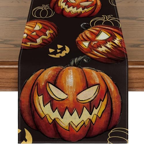 Halloween Tischläufer, 33x183cm Halloween Kürbis Tischtuch Vintage Kürbis Tischdeko Halloween Party Deko Waschbar Table Cloth für Drinnen Draußen Halloween Deko von Viusneun