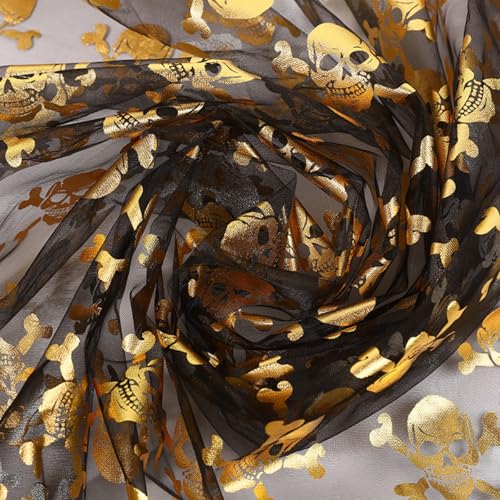 Halloween Tüllstoff, 150×200cm Gold Schädel Tüll Schwarze Netzstoff Happy Halloween Dekostoff Tüll für Halloween Dekorationen Party DIY von Viusneun