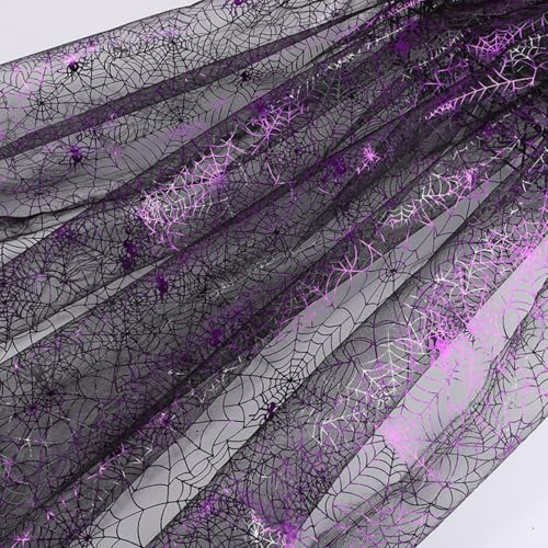 Halloween Tüllstoff, 150×200cm Spinnennetz Tüll Stoff Lila Spinnen Tüll Halloween Dekostoff DIY Netzstoff für Halloween Dekorationen Party von Viusneun