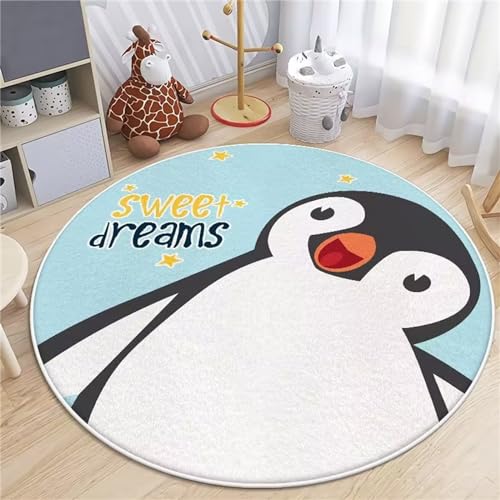 Kinderteppich Teppich Kinderzimmer, Tier-Muster Flauschiger Teppich Rund, Mädchen Weiche Rund Teppich für das Schlafzimmer Wohnzimmer Kinderzimmer, Rund Spielmatte Babymatte (Pinguin,100X100CM) von Viusneun