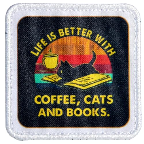 Patches Klett, "LIF IS BETTER WITH COFFEE, CATS AND BOOKS." Lustige Katze Inspirierende Zitate Patch Emblem Taktisch Moral Hook Loop Aufnäher für DIY Kleidung Rucksäcke Jacken Jeans von Viusneun