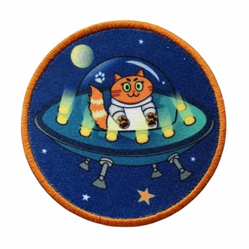 Patches Klett Katzen-Astronaut auf einem UFO Lustig Klett Patches Taktisch Moral Hook Loop Aufnäher Applikation für Kleidung Rucksack Uniform Weste Jacken von Viusneun