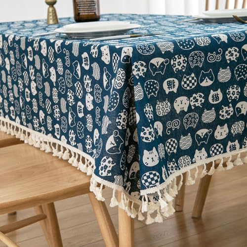 Tischdecke, Outdoor Tischtuch mit Quaste Abwaschbar Tischdeko Fleckschutz Pflegeleicht Tischdecken für Küche Garten Partys Outdoor und Camping (Blaue Katze,100 x 140 cm) von Viusneun