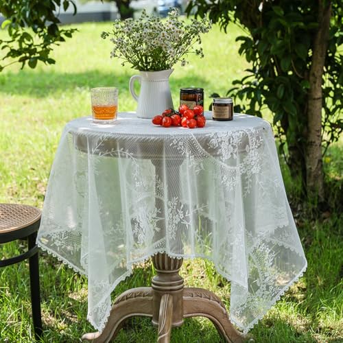 Tischdecke, Weiß Spitze Tischtuch Abwaschbar Vintage Table Cloth Landhausstil Kleine Tischdecken für Garten Hochzeit Party Dekoration (60 x 60 cm) von Viusneun