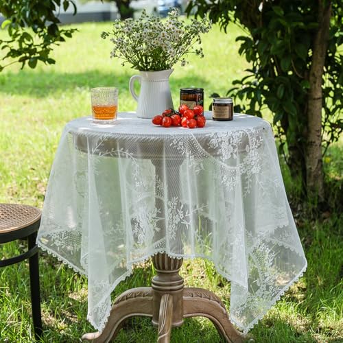 Tischdecke, Weiß Spitze Tischtuch Abwaschbar Vintage Table Cloth Landhausstil Kleine Tischdecken für Garten Hochzeit Party Dekoration (90 x 90 cm) von Viusneun