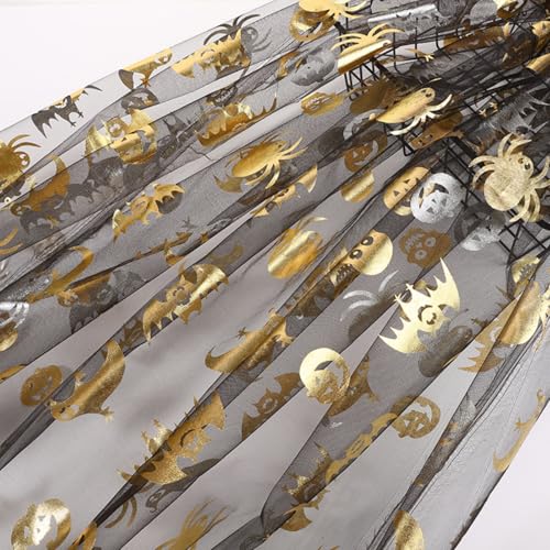 Tüllstoff, 150×200cm Halloween Tüll Stoff Gold Spinnen und Schädel Tüll Happy Halloween Dekostoff Schwarze Netzstoff für Halloween Dekorationen Party DIY von Viusneun