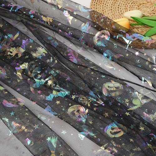 Tüllstoff, 150×200cm Schwarz Tüll Stoff Bunt Kürbis Netzstoff Halloween Zauberer Dekostoff Tüll für Halloween Dekorationen Party DIY von Viusneun