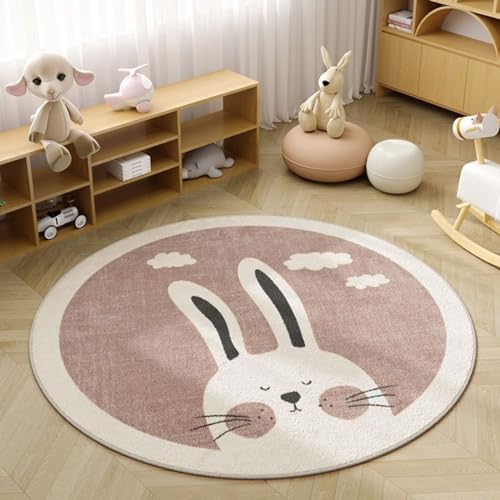 Viusneun Kinderteppich, Rund Kurzflor Wildtiere Teppiche Weich Waschbare Teppich Krabbeldecke rutschfest Teppiche fürs Babyzimmer Kleinkinderzimmer Wohnzimmer Schlafzimmer (Kaninchen,100cm) von Viusneun