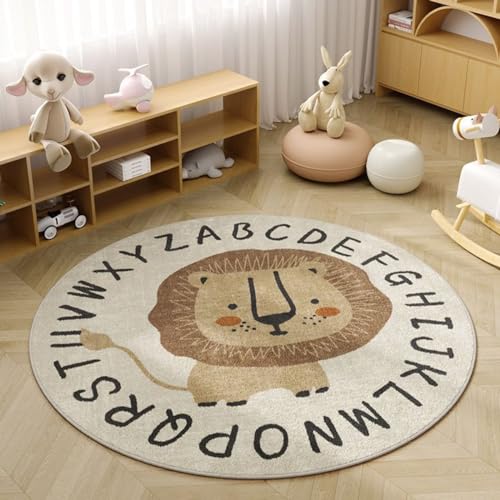 Viusneun Kinderteppich, Rund Kurzflor Wildtiere Teppiche Weich Waschbare Teppich Krabbeldecke rutschfest Teppiche fürs Babyzimmer Kleinkinderzimmer Wohnzimmer Schlafzimmer (Löwe,100cm) von Viusneun