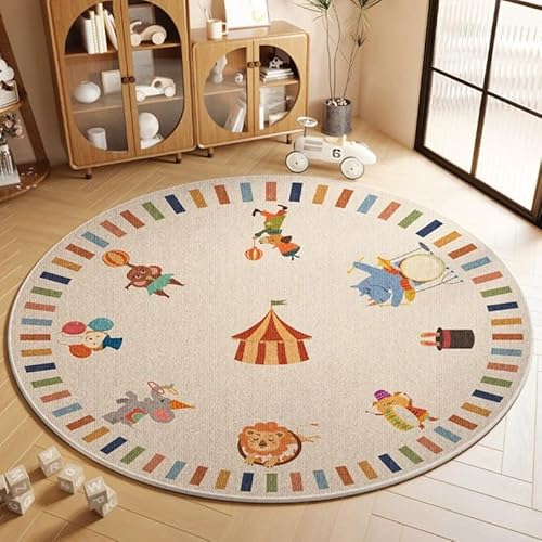 Viusneun Rund Kinderteppich, Waschbar Kurzflor Cartoon Tier Muster, Moderner Super weich klein Teppiche Matte Kinderteppich Kinderzimmerteppich (A,80 * 80cm) von Viusneun