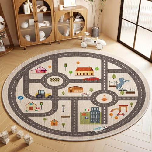 Viusneun Teppiche, rutschfeste Waschbar Kinderteppich Pädagogischer Spielteppich Runder Kristall Samt Teppich für Babyzimmer Kleinkinderzimmer Wohnzimmer (Städtische,100 x 100 cm) von Viusneun