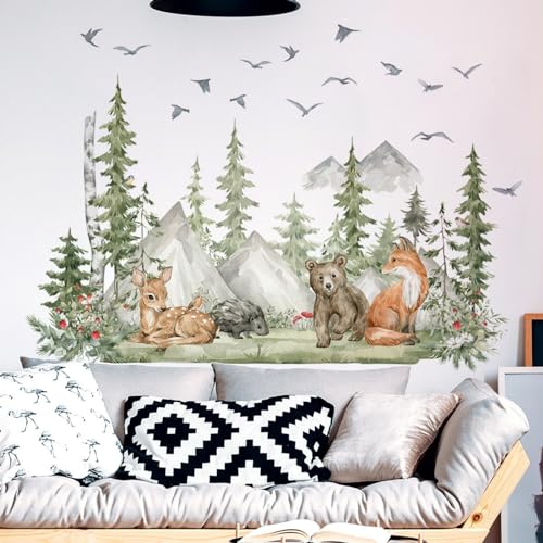 Wandtattoo Waldtiere, Tiere safari Wandaufkleber Junge Mädchen Kinderzimmer Schlafzimmer Wanddeko Bär Hirsch Fuchs Bäume Wandsticker Wanddeko für Wohnzimmer Schlafzimmer Diele von Viusneun