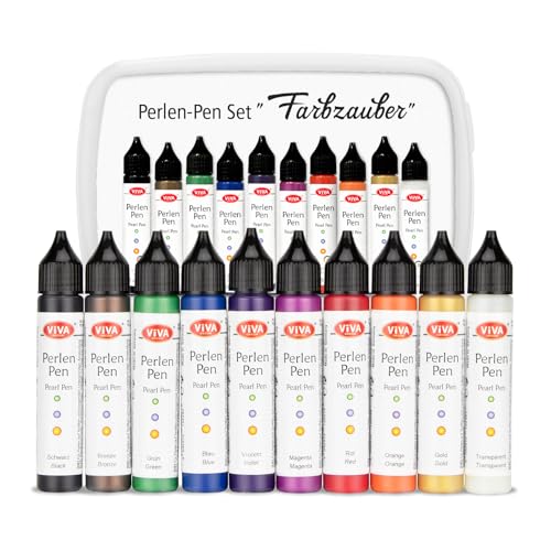 Perlen Pen Set 10 x 28 ml - Farbzauber - 3D Perlen & Linien für Textilien, Taschen, T-Shirts, Deko - Einfache Anwendung, Waschfest, Farben für DIY-Projekte und Kreativität. Ink. Aufbewahrungsbox von Viva Decor